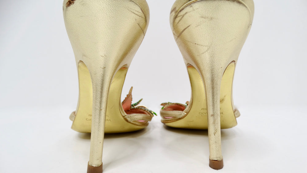 2005 Dsquared2 Marijuana Leaf Metallic Gold Sandal Heels