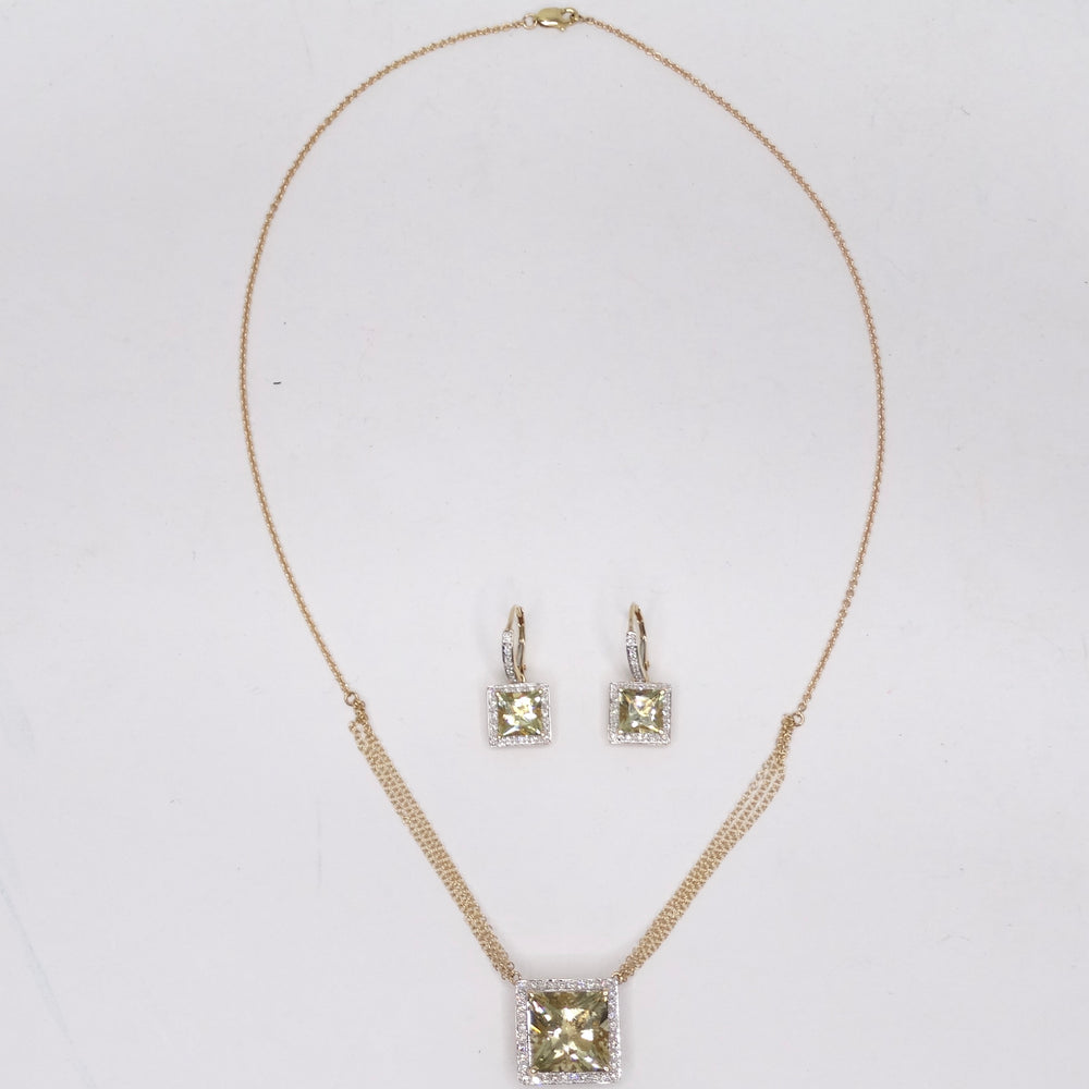 14K Gold Citrine Diamond Necklace and Earrings Set