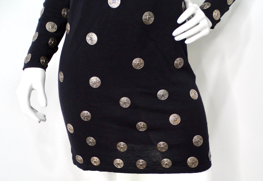 Italian Black Wool Long-Sleeve Dress With Silver-Tone Medallion Buttons