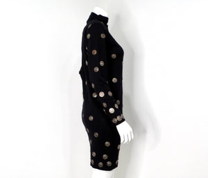 Italian Black Wool Long-Sleeve Dress With Silver-Tone Medallion Buttons