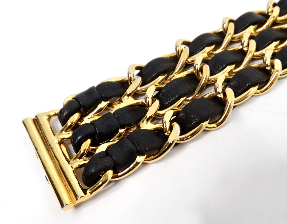 Black Leather & Gold-Tone Chain Link Cuff Bracelet circa 1990s