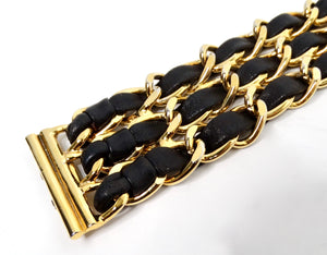 Black Leather & Gold-Tone Chain Link Cuff Bracelet circa 1990s