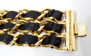 Black Leather & Gold-Tone Chain Link Cuff Bracelet circa 1990s