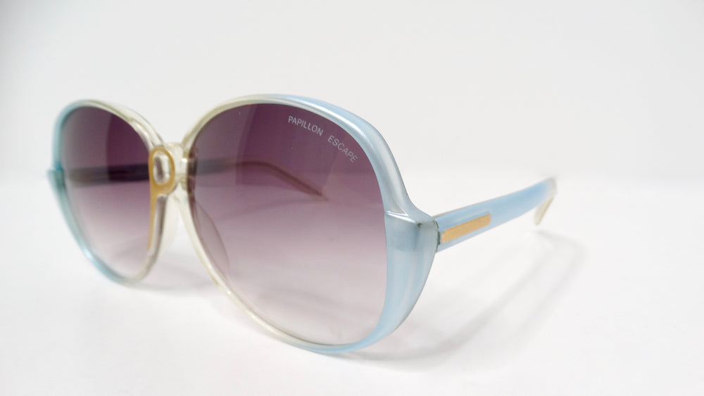 1980s Papillon Light Blue Tinted Purple Lens Oversized Round Sunglasses