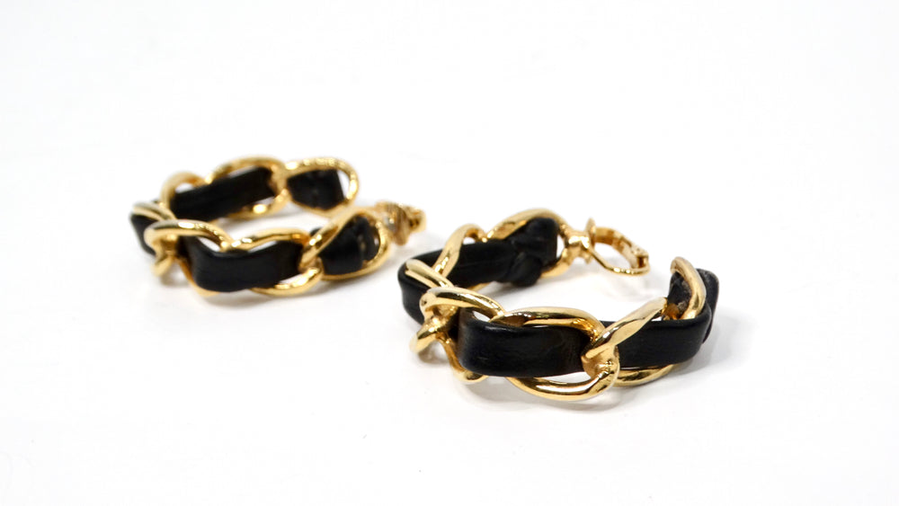 Black Leather & Gold-Tone Chain Square Hoop Clip-On Earrings circa 1990s