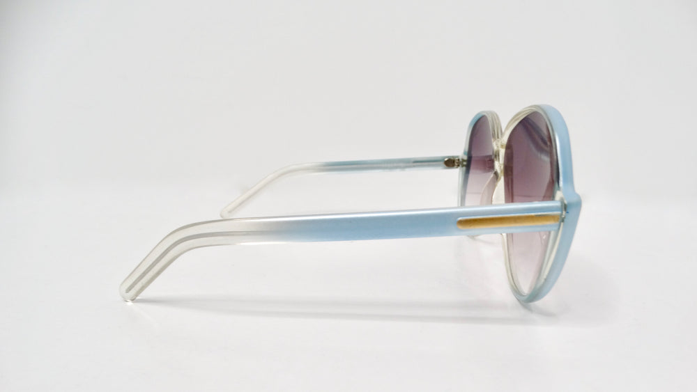 1980s Papillon Light Blue Tinted Purple Lens Oversized Round Sunglasses