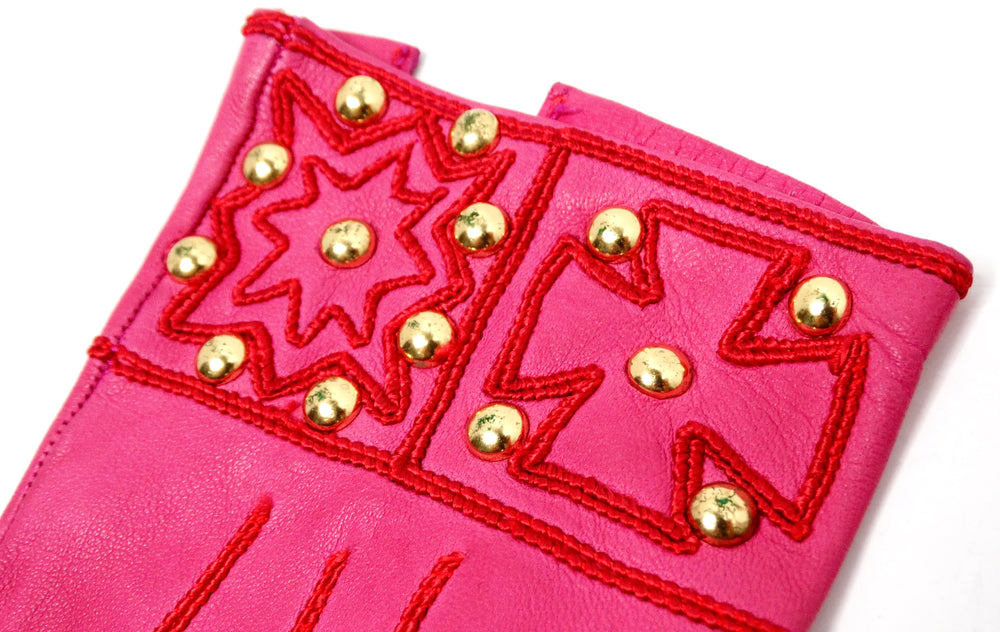 Christian Lacroix Pink & Red Embroidered Leather Studded Gloves circa 1990s