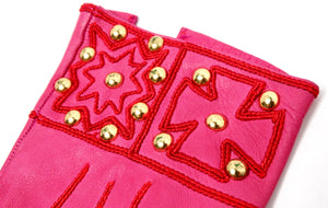 Christian Lacroix Pink & Red Embroidered Leather Studded Gloves circa 1990s