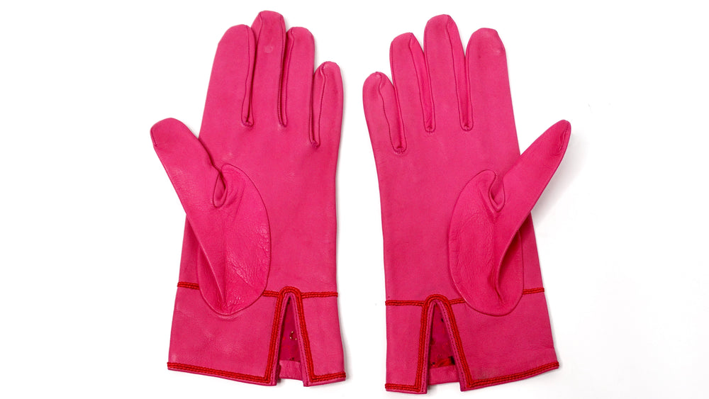 Christian Lacroix Pink & Red Embroidered Leather Studded Gloves circa 1990s