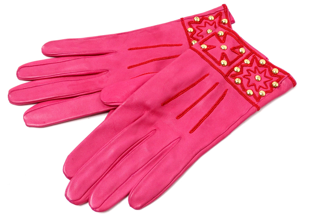 Christian Lacroix Pink & Red Embroidered Leather Studded Gloves circa 1990s