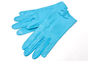 Chanel Sky Blue Leather Interlocking CC Logo Gloves circa 1990s