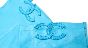 Chanel Sky Blue Leather Interlocking CC Logo Gloves circa 1990s