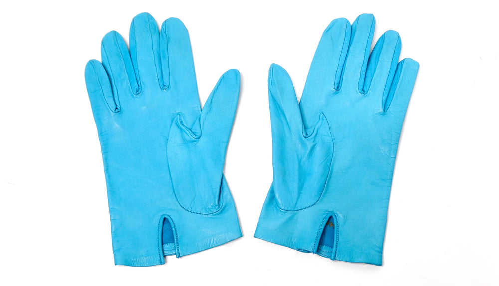 Chanel Sky Blue Leather Interlocking CC Logo Gloves circa 1990s