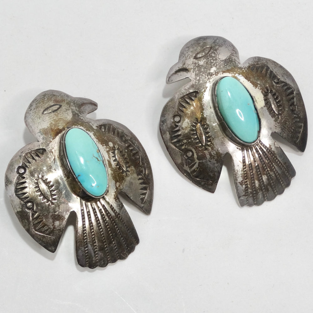 1960s Native American Silver Turquoise Eagle Earrings