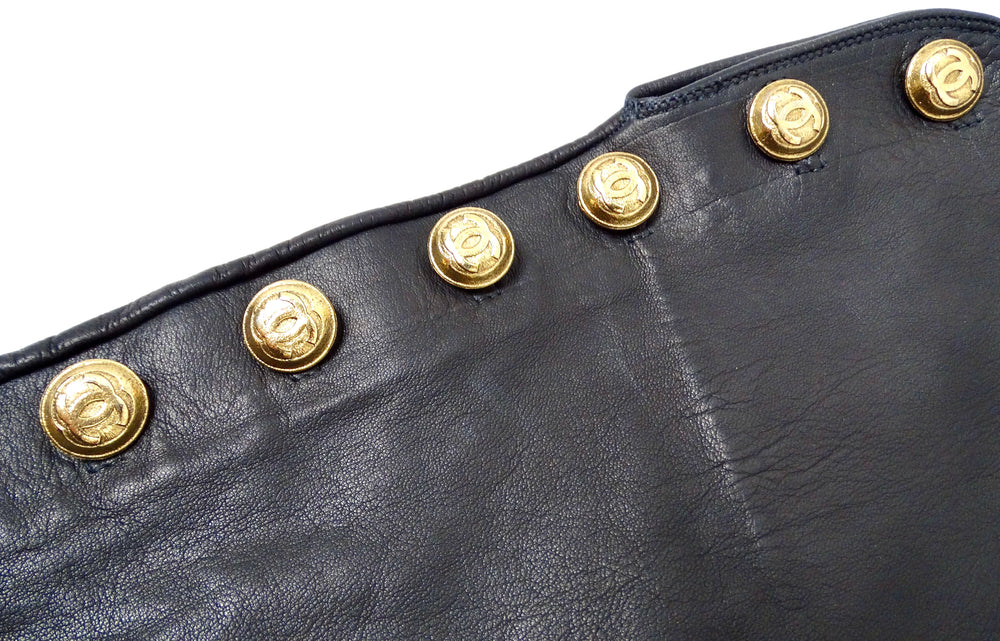 Chanel Black Leather Long Gloves With Interlocking CC Buttons circa 1990s