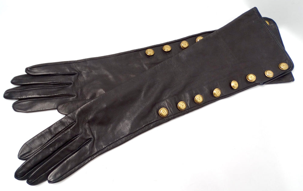 Chanel Black Leather Long Gloves With Interlocking CC Buttons circa 1990s