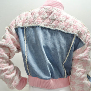 Balmain Pink Tweed Denim Bomber Jacket