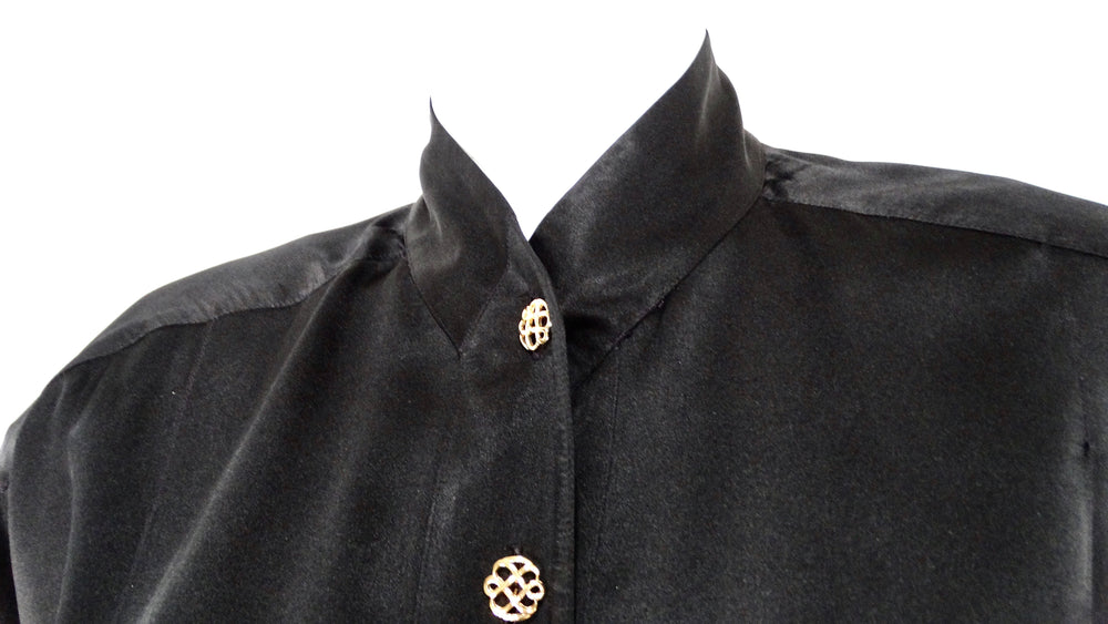 Karl Lagerfeld Black Silk Button-Up Cufflink Blouse circa 1980s
