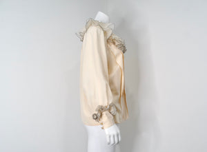 Chanel Blush Ruffled Silk Button-Up Blouse circa 1980s