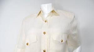 Chanel Cream Linen Interlocking CC Button-Up Short Sleeve Blouse circa 1980s