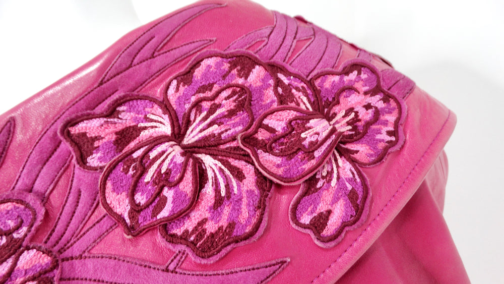 Jean Claude Jitrois Fuchsia Floral Leather Cropped Jacket circa 1990s Numbered