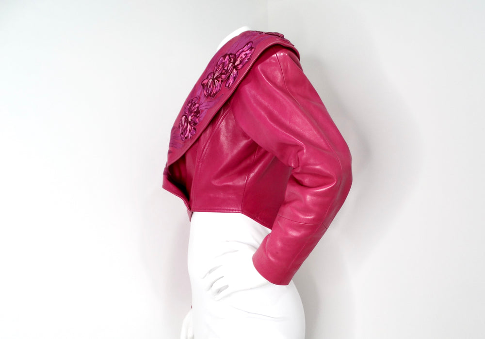 Jean Claude Jitrois Fuchsia Floral Leather Cropped Jacket circa 1990s Numbered