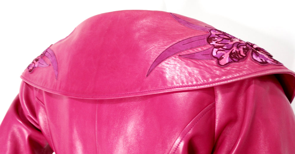 Jean Claude Jitrois Fuchsia Floral Leather Cropped Jacket circa 1990s Numbered