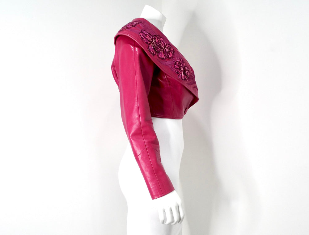 Jean Claude Jitrois Fuchsia Floral Leather Cropped Jacket circa 1990s Numbered