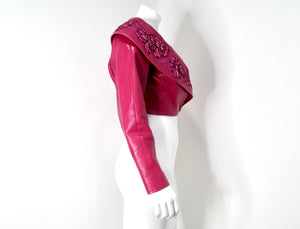 Jean Claude Jitrois Fuchsia Floral Leather Cropped Jacket circa 1990s Numbered