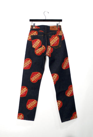 Cherry LA Heart Print Relaxed Five Pocket Indigo Denim Jeans