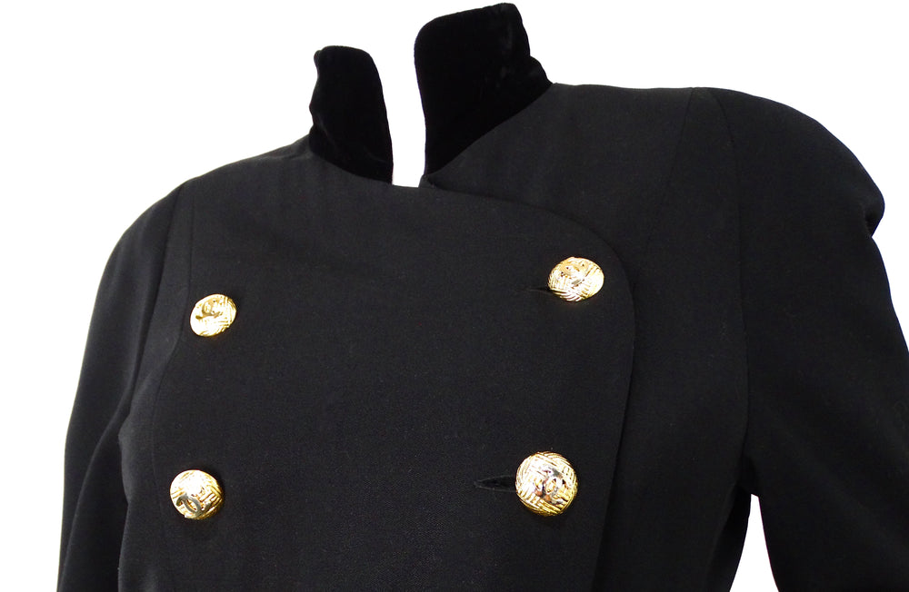 Chanel Black Double Breasted Wool & Velvet Jacket Dress circa 1980s Documented