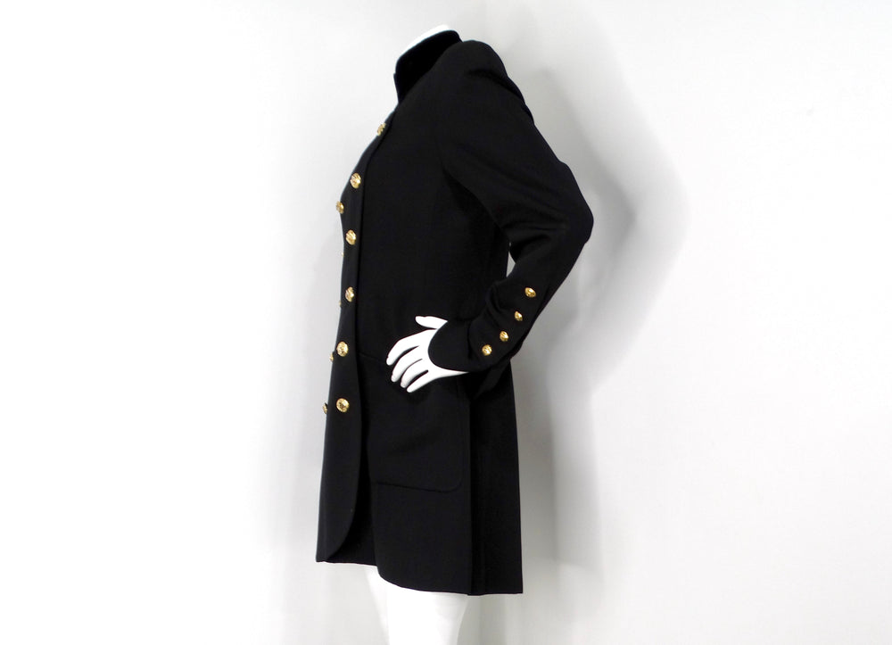 Chanel Black Double Breasted Wool & Velvet Jacket Dress circa 1980s Documented