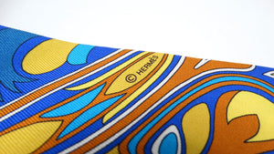 Hermes Blue & Yellow Folklore Print Silk Twilly