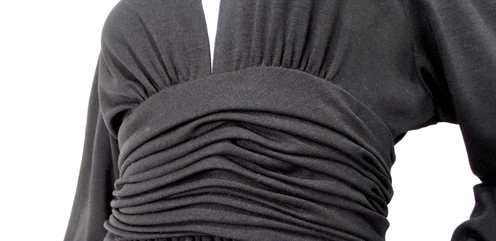 Chanel Black Ruched Waist V-Neck Long Sleeve Dress circa 1980s