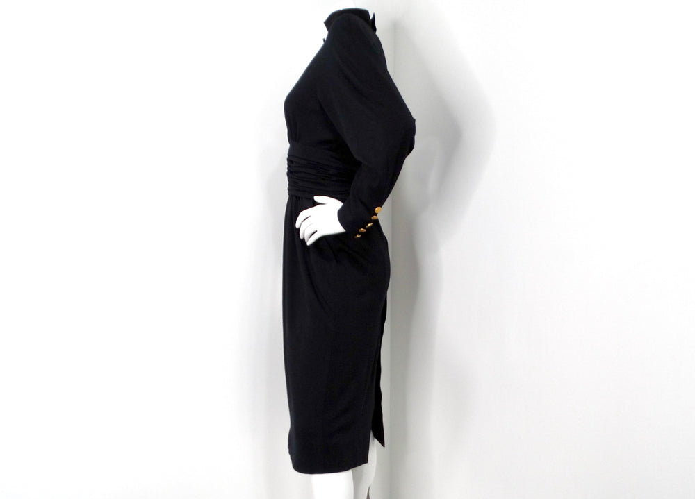 Chanel Black Ruched Waist V-Neck Long Sleeve Dress circa 1980s
