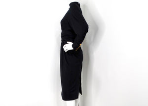 Chanel Black Ruched Waist V-Neck Long Sleeve Dress circa 1980s