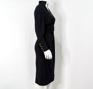 Chanel Black Ruched Waist V-Neck Long Sleeve Dress circa 1980s