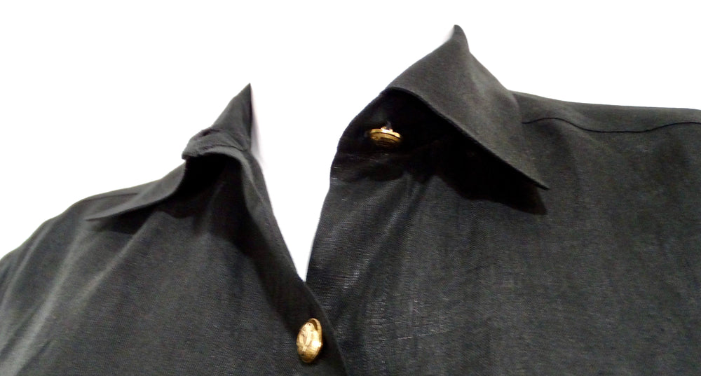 Chanel Black Linen Interlocking CC Button-Up Short Sleeve Shirt circa 1980s