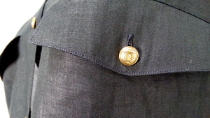 Chanel Black Linen Interlocking CC Button-Up Short Sleeve Shirt circa 1980s