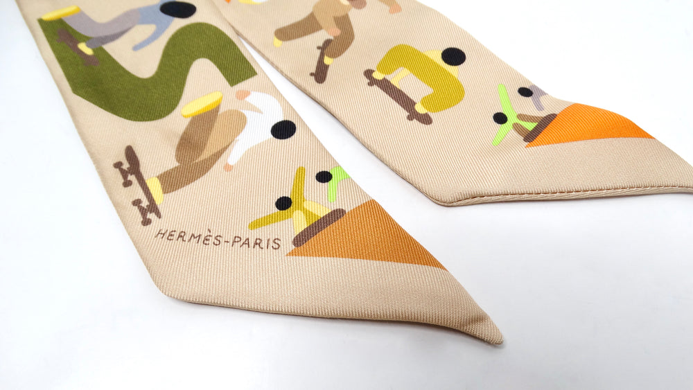 Hermes "Figures Libres" Skateboarding Scape Printed Silk Twilly