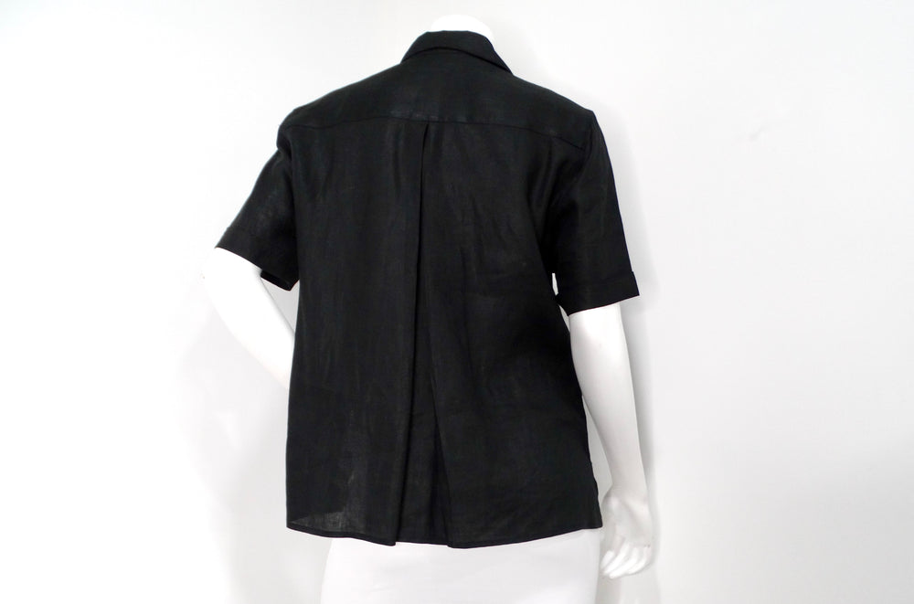 Chanel Black Linen Interlocking CC Button-Up Short Sleeve Shirt circa 1980s