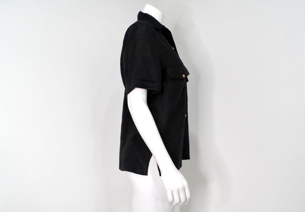 Chanel Black Linen Interlocking CC Button-Up Short Sleeve Shirt circa 1980s