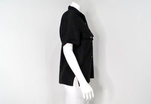 Chanel Black Linen Interlocking CC Button-Up Short Sleeve Shirt circa 1980s