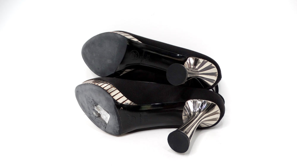 Chanel Black Satin Pumps With Silver-Tone Heels