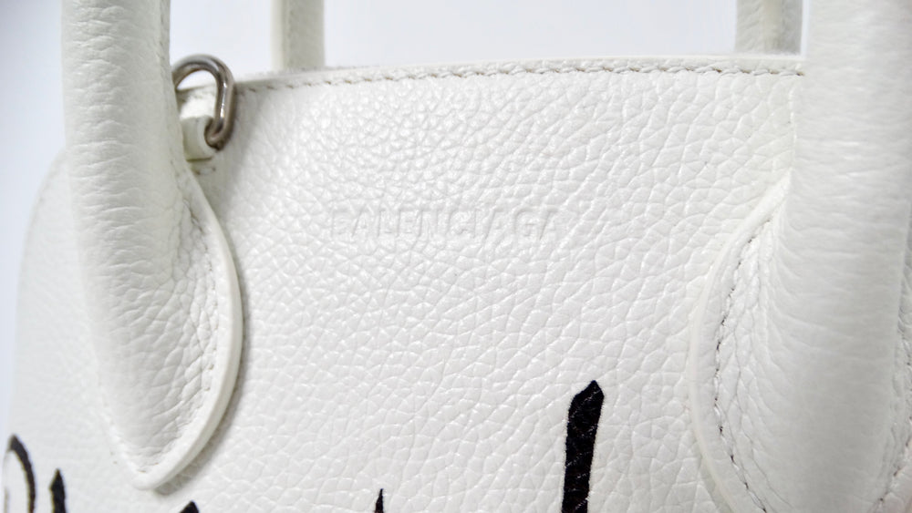 Balenciaga White Graffiti Logo Print Ville Leather XXS Mini Top Handle Bag