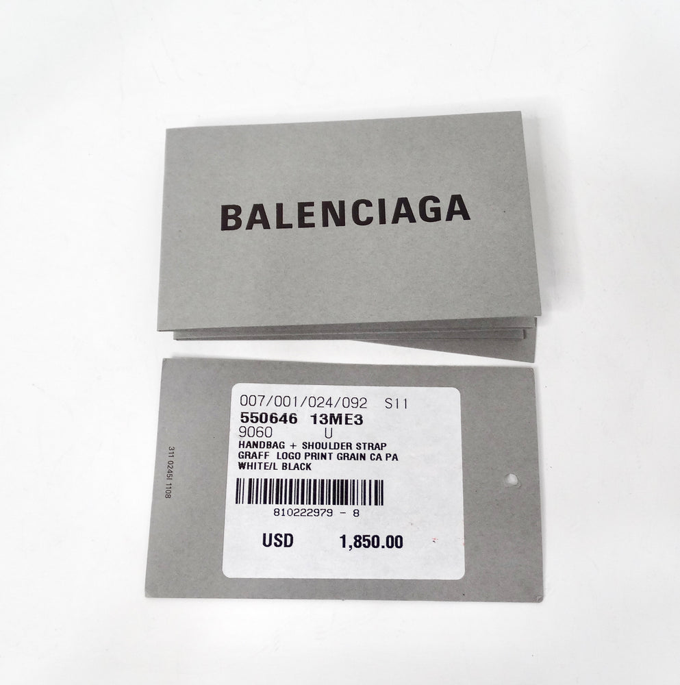Balenciaga White Graffiti Logo Print Ville Leather XXS Mini Top Handle Bag