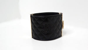 2017 Chanel Black Quilted Calfskin Interlocking CC Embossed Cuff Bracelet