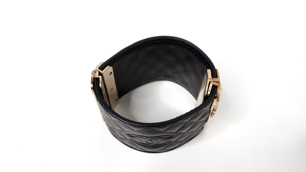 2017 Chanel Black Quilted Calfskin Interlocking CC Embossed Cuff Bracelet