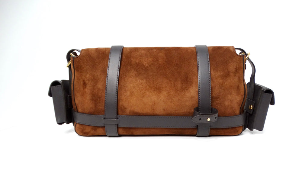 Fendi Brown Suede Leather Trimmed Cage Baguette Shoulder Bag circa 2019