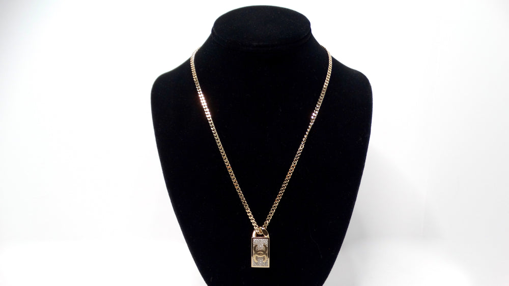 Chanel Gold-Tone Crystal Dog Tag Style Pendent Chain Necklace